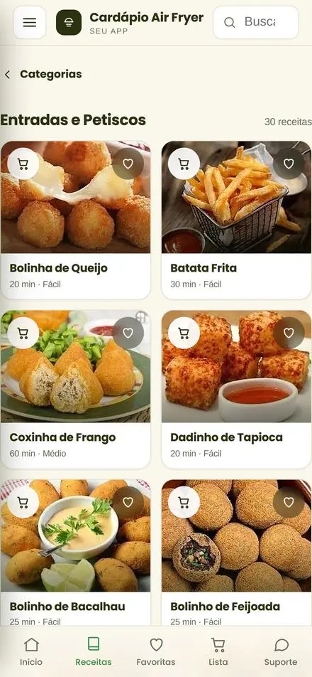 Tela do app: cardápio da semana