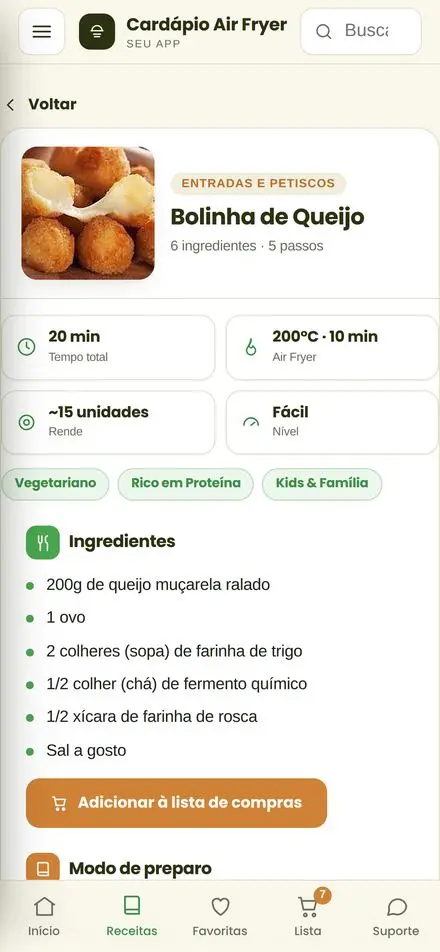Tela do app: passo a passo da receita