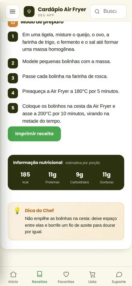 Tela do app: calorias e dicas